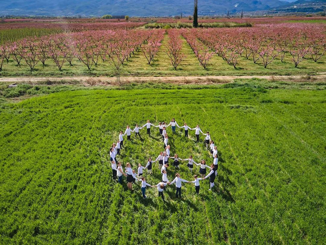 Η πιο όμορφη φωτογραφία της άνοιξης: Το ανθρώπινο σύμβολο της ειρήνης με φόντο τις διάσημες ανθισμένες ροδακινιές της Βέροιας