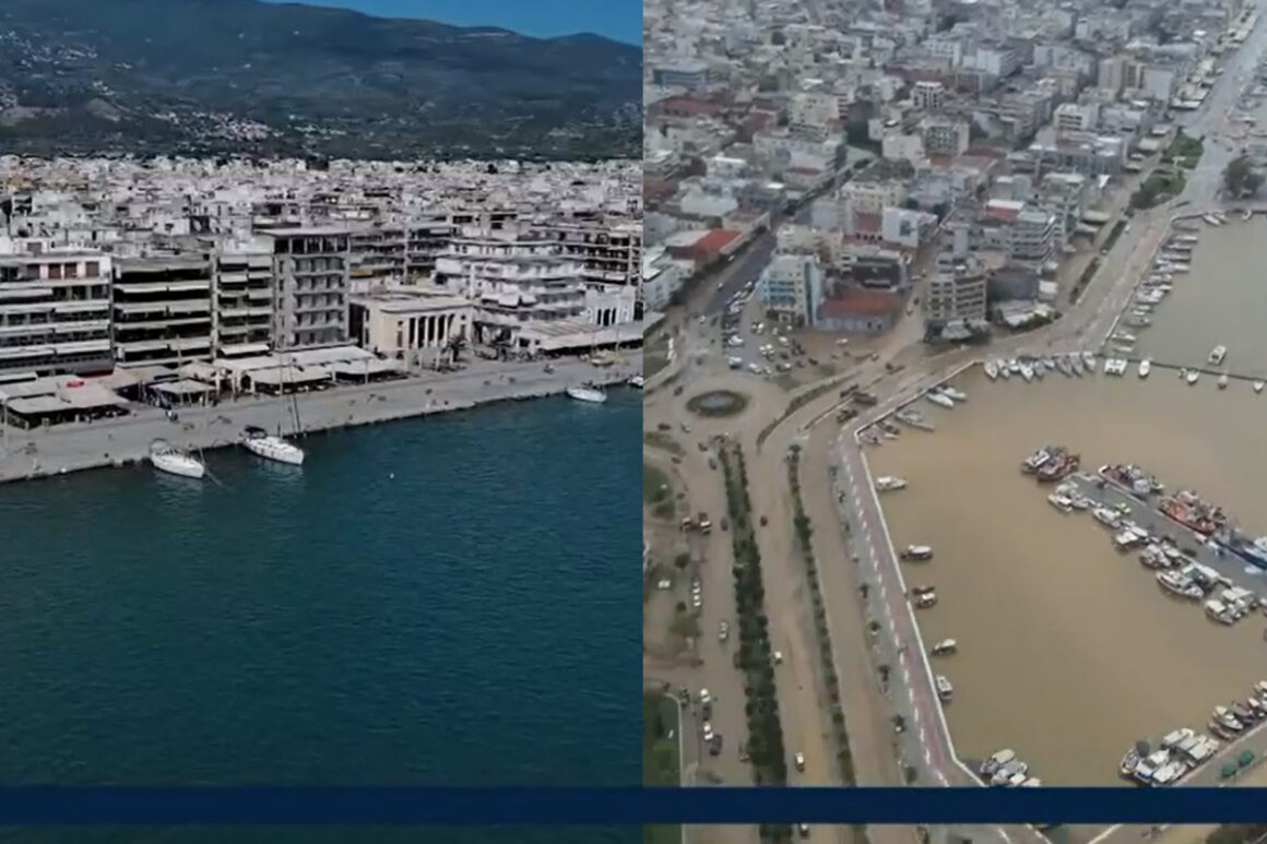 Βόλος: Το πριν και το μετά του Daniel – Βυθισμένη στη λάσπη η πόλη